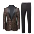 Men's slim fit two-piece suit set with bronze paisley jacquard blazer and black pants - M / Top And Bottom / Bronze