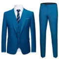 Elegant men's slim fit three-piece suit in teal blue, ideal for wedding and formal groom wear - 6XL / Set / Lake Blue (910)