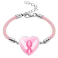 Close-up of pink ribbon heart charm on woven bracelet for Breast Cancer Awareness - Winged Pink Ribbon Style / 20mm / Pink