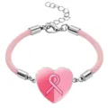 Close-up detail of a pink ribbon heart charm on a braided cord bracelet for awareness - Charity Pink Ribbon Style / 20mm / Pink