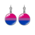 Close-up of French hook earrings with bisexual pride flag pattern under glass - Bisexual Pride Flag