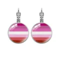 Detailed view of silver French lever-back earrings with lesbian pride flag pattern - Lesbian Pride Flag