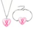 Pink ribbon breast cancer awareness jewelry set including winged heart necklace and bracelet - Style 2 (60639718)