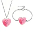Pink breast cancer awareness heart ribbon necklace and bracelet jewelry set details - Style 3 (60639719)