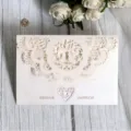 Elegant pearl white laser cut wedding invitation with lovebirds and heart design - Ivory