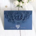 Elegant navy blue laser-cut wedding invitation card with heart and love birds motifs - Dark Blue