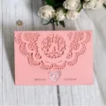 Elegant pink laser-cut wedding invitation featuring love birds and heart lace pattern - Pink