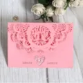 Pink laser-cut wedding invitation card with love birds and heart lace design - Rose Pink