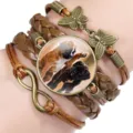 Close-up detail of multi-layer braided leather bracelet with Boxer dog photo gem - 12008707 (Boxer Dog-Vintage Brown)