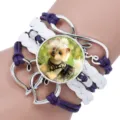 Multi-layer braided bracelet with Yorkshire Terrier dog glass cabochon and Love charm - 12008708 (Yorkshire Terrier-Purple White)