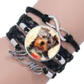 Multi-layer braided leather bracelet with Yorkie dog gem pendant and Love metal charm - 12008717 (Yorkshire Terrier-Black)