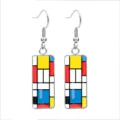 Close-up of Mondrian-style geometric rectangular earrings with colorful block patterns - 10*25mm / Multicolor Geometric