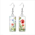 Orecchini a pendente in acciaio con papaveri ad acquerello e gemme di vetro quadrate - Stile Fiore di Papavero 8 / 10x25mm