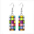 Fashionable stainless steel rectangular earrings with colorful chessboard mosaic pattern - 10*25mm / Colorful Checkerboard