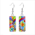 Vibrant pop art rectangular stainless steel dangle earrings with floral checkerboard pattern. - 10*25mm / Pop Art