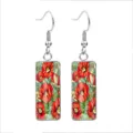 Elegant red poppy flower rectangular stainless steel drop earrings with glass cabochon - Poppy Flower Style 2 / 10x25mm