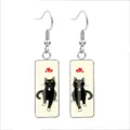 Cute black cat with red hearts on rectangular glass drop earrings with steel hooks - 10x25mm / Black Cat with Heart