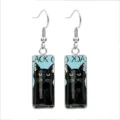 Rectangular stainless steel dangle earrings with cute black cat illustration on blue - 10x25mm / Minimalist Black Cat