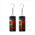 Stainless steel rectangular drop earrings featuring a blooming red poppy floral design - Poppy Flower Style 3 / 10x25mm
