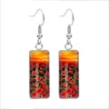 Elegant rectangular stainless steel drop earrings with red poppy flower glass cabochon - Poppy Flower Style 4 / 10x25mm