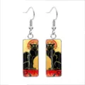 Vintage style black cat rectangular glass drop earrings featuring stainless steel hooks - 10x25mm / Classic Black Cat
