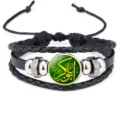 Multi-layer black braided leather bracelet with green Arabic calligraphy charm - 18mm / Verdant