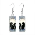 Rectangular glass drop earrings with black cat and moon illustration on blue background - 10x25mm / Black Cat & Moon