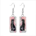 Cute black cat rectangular glass earrings with stainless steel hooks for women - 10x25mm / Pink Background Black Cat