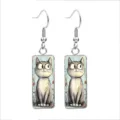 Handmade cute wide-eyed cat rectangular glass drop earrings with stainless steel hooks - 10x25mm / Big-Eyed Gray Cat