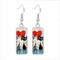 Cute rectangular glass cat earrings with heart motif and stainless steel hooks - 10x25mm / Two Cats With Heart