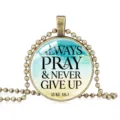 Inspirational 'Always Pray & Never Give Up' pendant necklace with vintage bronze bead chain. - 25mm / Blue & Yellow