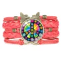 Handmade red braided multi-layer bracelet with colorful peace sign and butterfly charm - Red