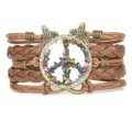 Braided leather bracelet with colorful butterfly peace sign and infinity charm - Brown