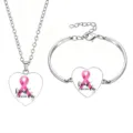 Set collana e bracciale a cuore color argento con nastro rosa contro il cancro al seno - Stile 5 (60639721)
