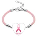 Heart shaped pink ribbon awareness bracelet with adjustable braided rope and metal clasp - Awareness Month Style / 20mm / Pink