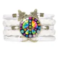 Multilayer white braided bracelet with colorful peace sign and butterfly charms - White