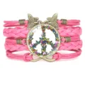 Pink multi-layer handmade braided bracelet with colorful butterfly peace sign design - Hot Pink