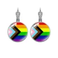 Elegant French hook earrings featuring a vibrant Progress Pride flag glass cabochon design - Progress Pride Flag
