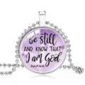 Inspirational Psalm 46:10 pendant necklace with purple background and bead chain - 25mm / Purple