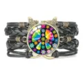 Colorful peace sign multi-layer braided leather bracelet with butterfly charms and symbols - Black