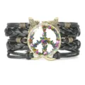 Handmade multi-layer braided leather bracelet with colorful butterfly peace sign design - Black