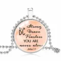 Inspirational 'Be Strong' religious quote pendant necklace with silver ball chain - 25mm / Sunstone