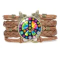 Bohemian multi-layer brown woven leather bracelet with tie-dye peace sign and butterfly. - Brown