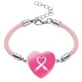 Pink braided rope heart bracelet with breast cancer awareness ribbon design motif - White Background Pink Ribbon Style / 20mm / Pink