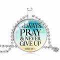 Round glass pendant necklace with inspirational Luke 18:1 Bible verse and bead chain - 25mm / Blue & Yellow