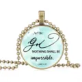 Vintage bronze bead chain necklace with 'For With God Nothing Shall Be Impossible' pendant - 25mm / Light Blue
