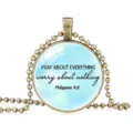 Vintage bronze pendant necklace with Philippians 4:6 inspirational quote and bead chain - 25mm / Light Blue