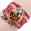 Handmade red multi-layer braided leather bracelet with bulldog time gem cabochon and metal Love charm - 12008712 (Bulldog-Red)