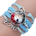 Handmade light blue braided multi-layer bracelet featuring a Shiba Inu glass gem - 12008714 (Shiba Inu-Light Blue)