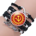 Retro multi layer braided leather bracelet with Soviet CCCP glass dome charm and metal love sign. - 25mm Black Color / #08